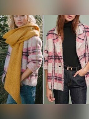 Anthropologie Maeve Aurelia Sweater Jacket Wool Blend Plaid Oversized XS